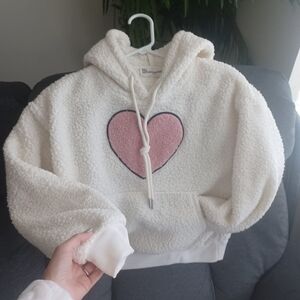 Bershka Cream Hoodie with Pink Heart